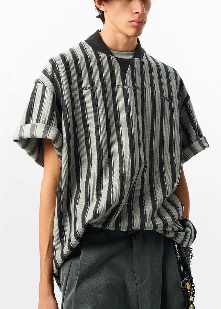 Art Grey Striped Letter Cotton Men T Shirt Summer