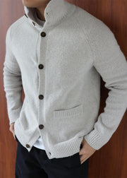 Art Grey Turtleneck Button Cotton Knit Mens Cardigan Winter