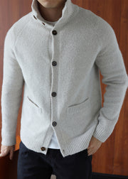 Art Grey Turtleneck Button Cotton Knit Mens Cardigan Winter