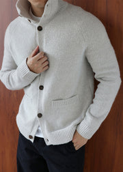 Art Grey Turtleneck Button Cotton Knit Mens Cardigan Winter