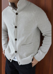 Art Grey Turtleneck Button Cotton Knit Mens Cardigan Winter