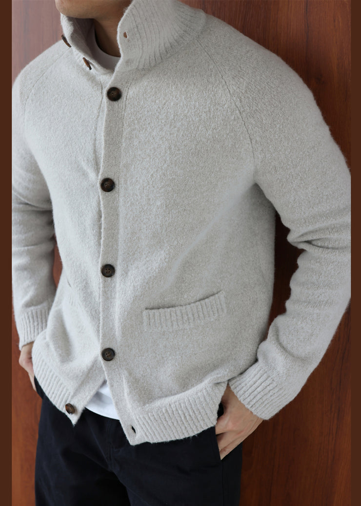 Art Grey Turtleneck Button Cotton Knit Mens Cardigan Winter