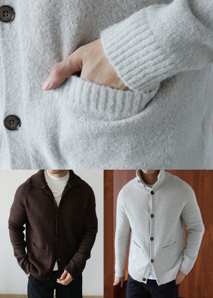 Art Grey Turtleneck Button Cotton Knit Mens Cardigan Winter