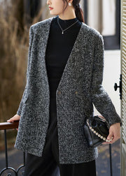 Art Grey V Neck Button Pockets Woolen Coat Fall