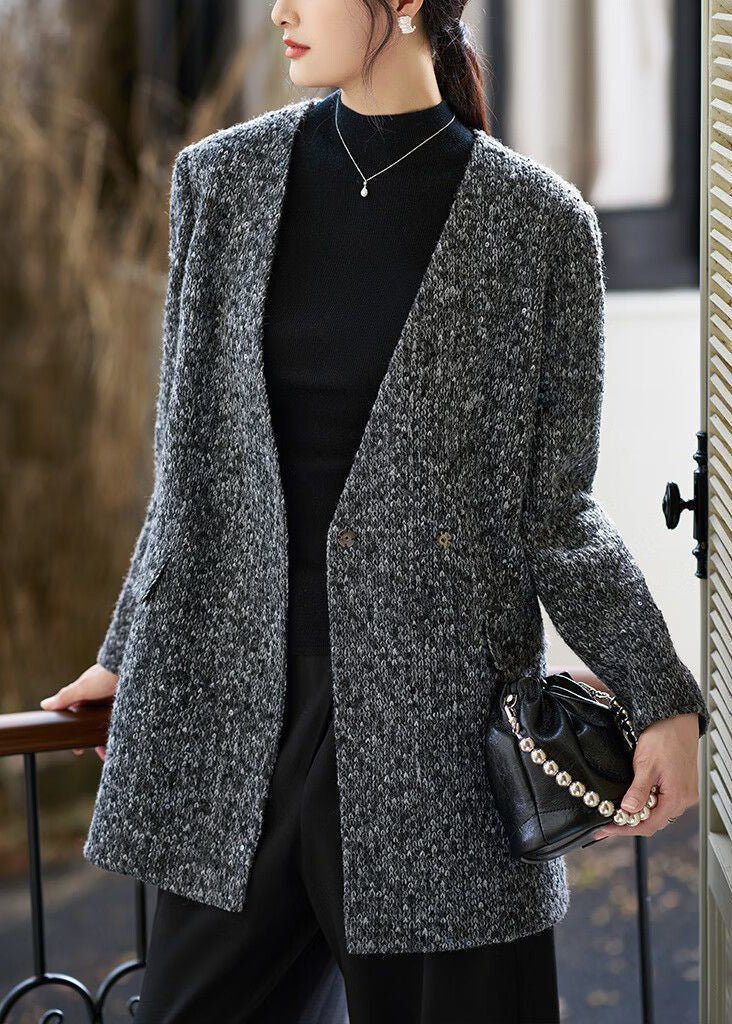 Art Grey V Neck Button Pockets Woolen Coat Fall