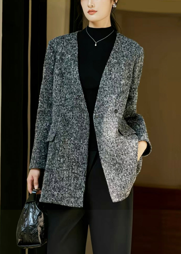 Art Grey V Neck Button Pockets Woolen Coat Fall