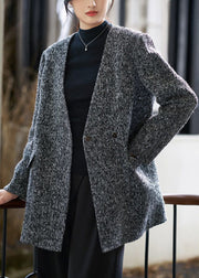Art Grey V Neck Button Pockets Woolen Coat Fall