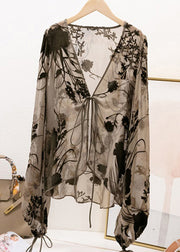 Art Grey V Neck Floral Tie Lace Tulle Top Lantern Sleeve