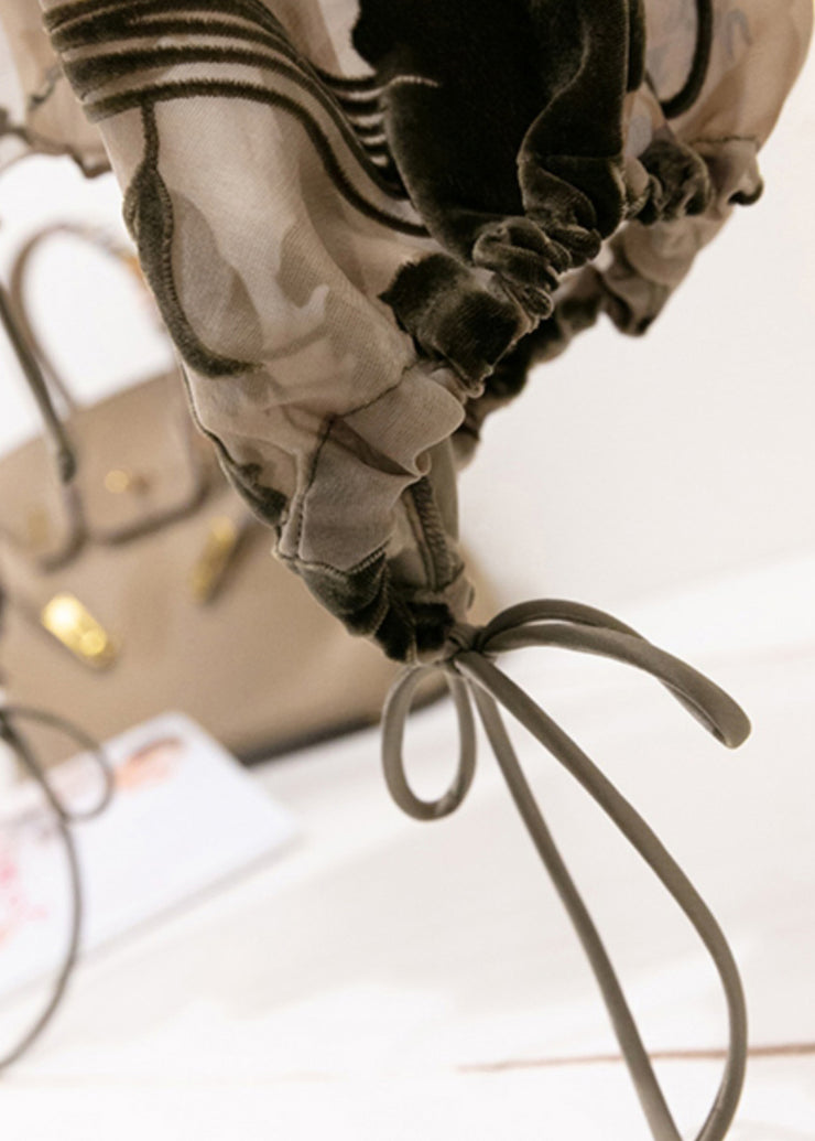Art Grey V Neck Floral Tie Lace Tulle Top Lantern Sleeve