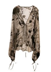 Art Grey V Neck Floral Tie Lace Tulle Top Lantern Sleeve