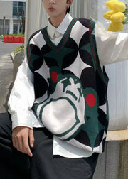 Art Grey V Neck Geometric Letter Knit Mens Waistcoat Sleeveless