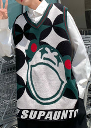 Art Grey V Neck Geometric Letter Knit Mens Waistcoat Sleeveless