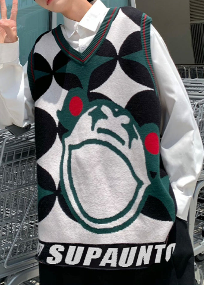 Art Grey V Neck Geometric Letter Knit Mens Waistcoat Sleeveless