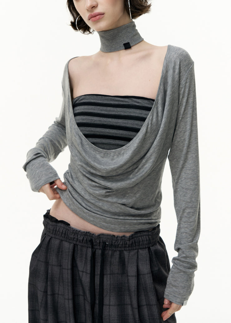 Art Grey V Neck Striped Tank And T Shirt Cotton Two-Piece Set Fall
