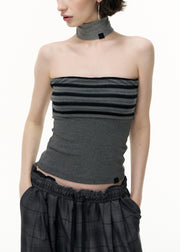 Art Grey V Neck Striped Tank And T Shirt Cotton Two-Piece Set Fall