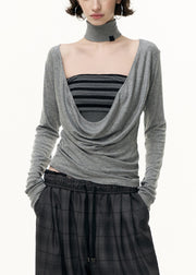 Art Grey V Neck Striped Tank And T Shirt Cotton Two-Piece Set Fall