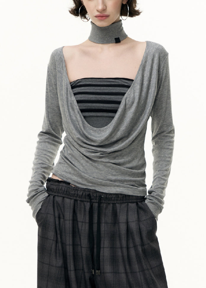 Art Grey V Neck Striped Tank And T Shirt Cotton Two-Piece Set Fall