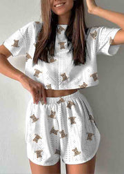 Art Hollow Out Print Cotton Womens Pajamas Two Piece Set Summer
