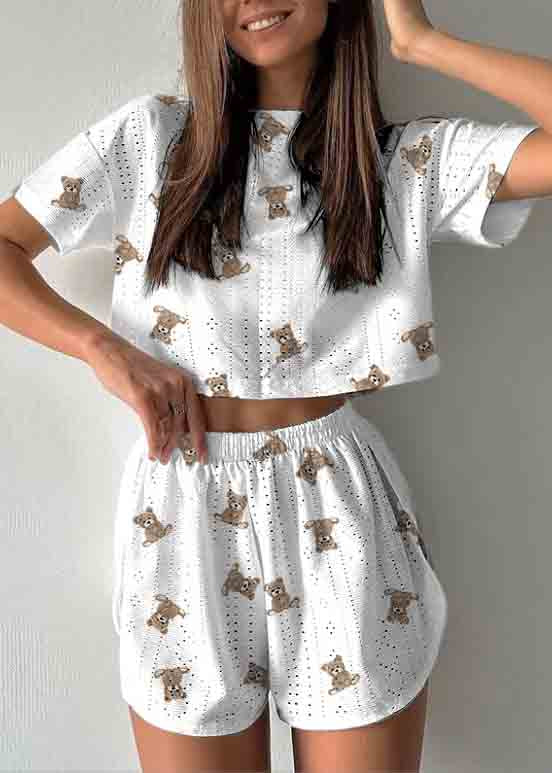 Art Hollow Out Print Cotton Womens Pajamas Two Piece Set Summer
