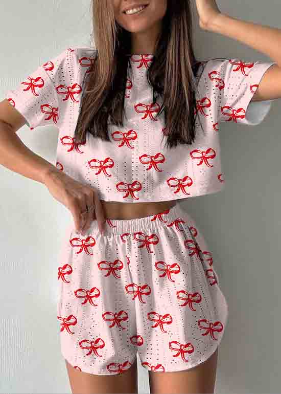 Art Hollow Out Print Cotton Womens Pajamas Two Piece Set Summer