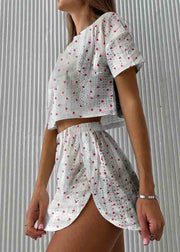 Art Hollow Out Print Cotton Womens Pajamas Two Piece Set Summer