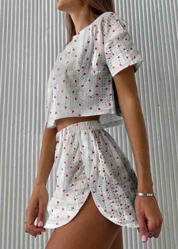 Art Hollow Out Print Cotton Womens Pajamas Two Piece Set Summer