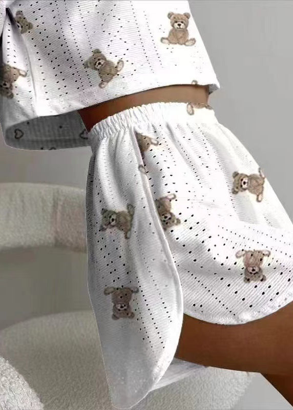 Art Hollow Out Print Cotton Womens Pajamas Two Piece Set Summer