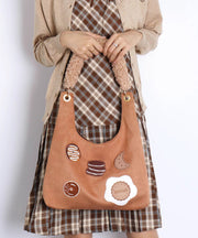 Art Khaki Applique Large Capacity Cotton Satchel Handbag