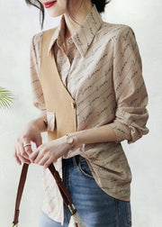 Art Khaki Asymmetrical Print Patchwork Cotton Blouse Fall