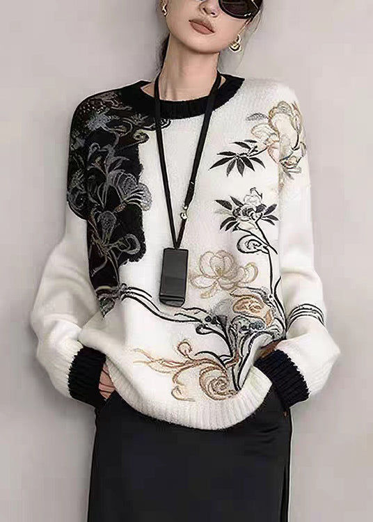 Art Khaki Embroidered Patchwork Knit Sweaters Winter