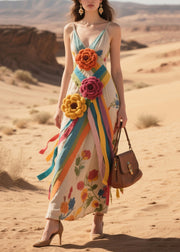Art Khaki Floral Decorated Cotton Spaghetti Strap Dress Summer