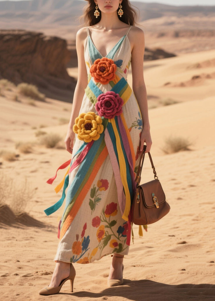Art Khaki Floral Decorated Cotton Spaghetti Strap Dress Summer