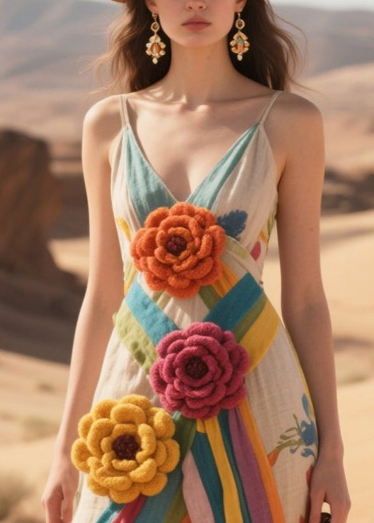 Art Khaki Floral Decorated Cotton Spaghetti Strap Dress Summer