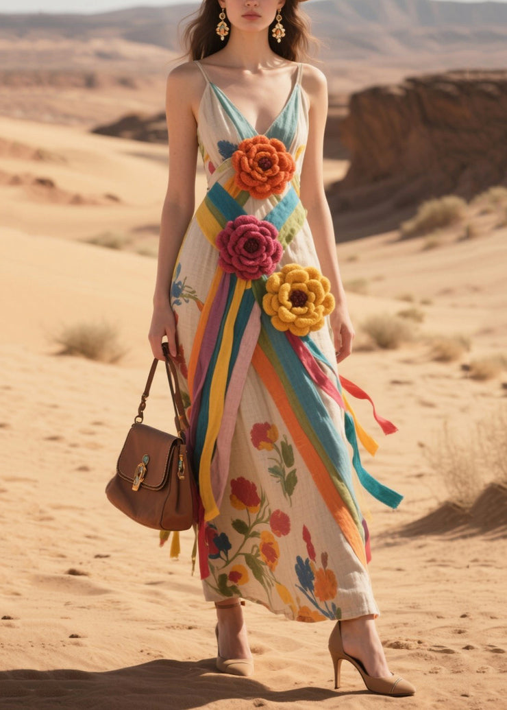 Art Khaki Floral Decorated Cotton Spaghetti Strap Dress Summer