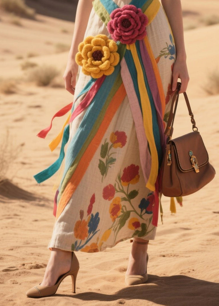 Art Khaki Floral Decorated Cotton Spaghetti Strap Dress Summer