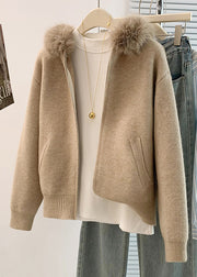 Art Khaki Fur Collar Warm Knit Hoodies Outwear Winter