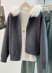 Art Khaki Fur Collar Warm Knit Hoodies Outwear Winter