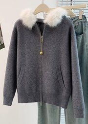 Art Khaki Fur Collar Warm Knit Hoodies Outwear Winter