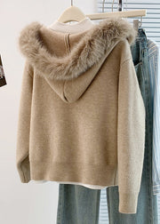 Art Khaki Fur Collar Warm Knit Hoodies Outwear Winter