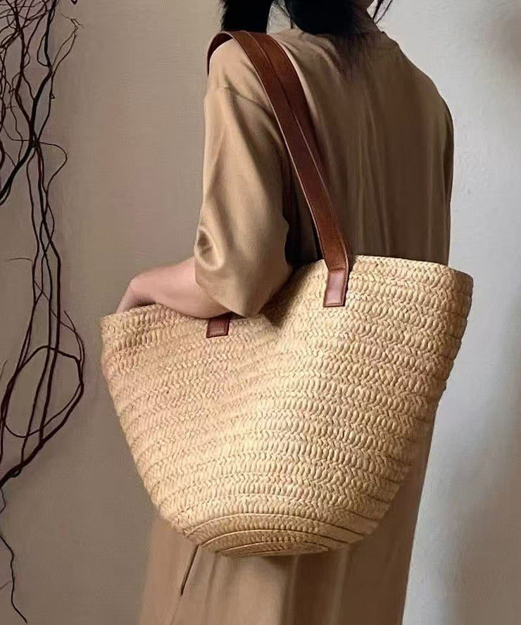 Art Khaki Large Capacity Straw Woven Womens Shoulder Bags
