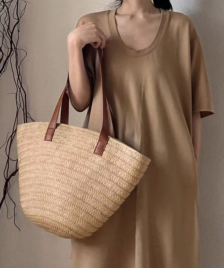 Art Khaki Large Capacity Straw Woven Womens Shoulder Bags