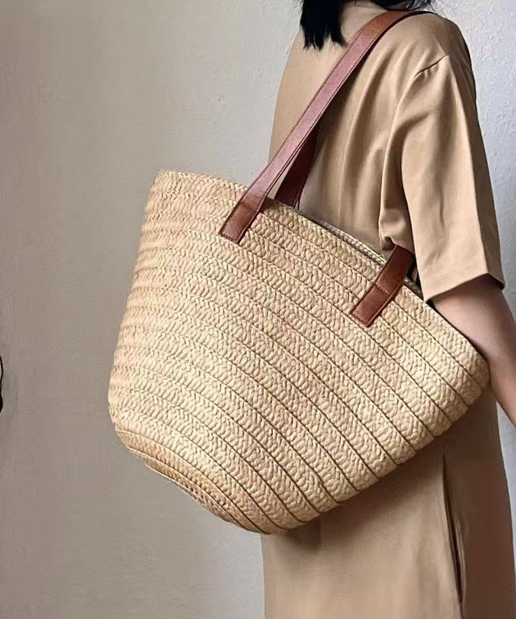 Art Khaki Large Capacity Straw Woven Womens Shoulder Bags