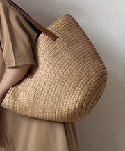Art Khaki Large Capacity Straw Woven Womens Shoulder Bags