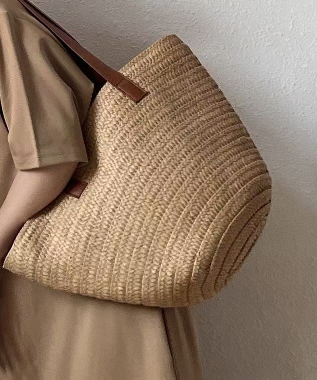 Art Khaki Large Capacity Straw Woven Womens Shoulder Bags