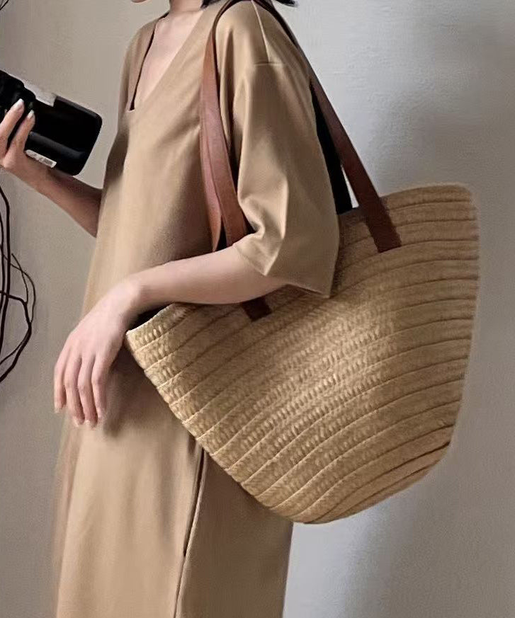 Art Khaki Large Capacity Straw Woven Womens Shoulder Bags