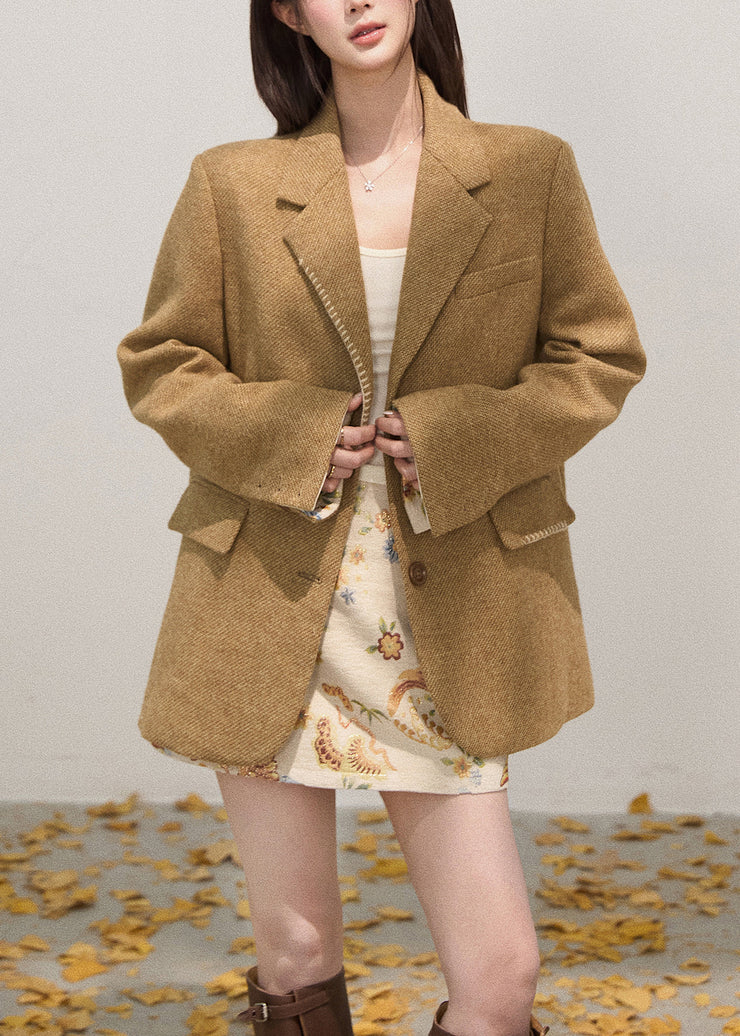Art Khaki Notched Embroidered Cotton Coat Fall
