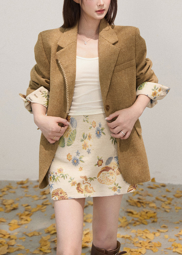 Art Khaki Notched Embroidered Cotton Coat Fall