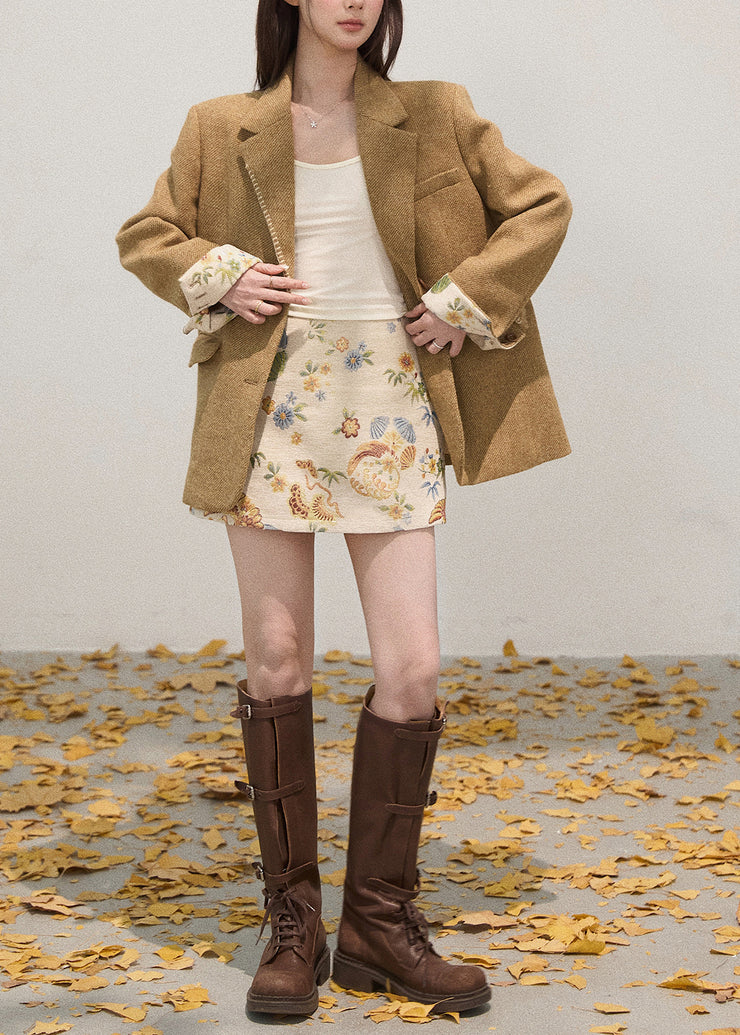 Art Khaki Notched Embroidered Cotton Coat Fall