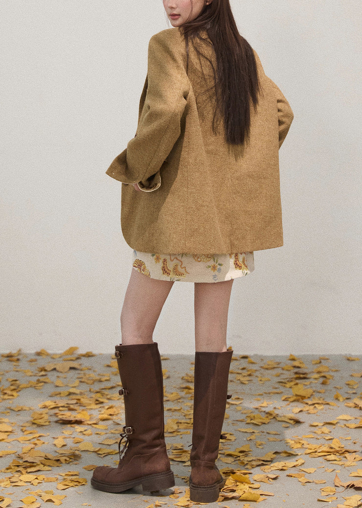 Art Khaki Notched Embroidered Cotton Coat Fall