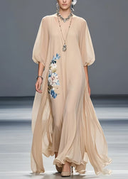 Art Khaki Oversized Floral Chiffon Holiday Dress Summer